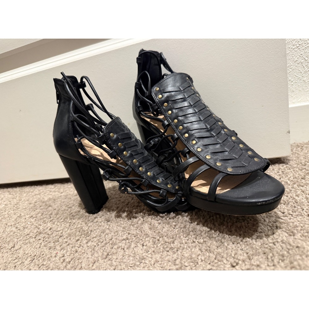 Novo Black Gladiator Block Heels Studded Lace Up Cage Sandals Womens 8